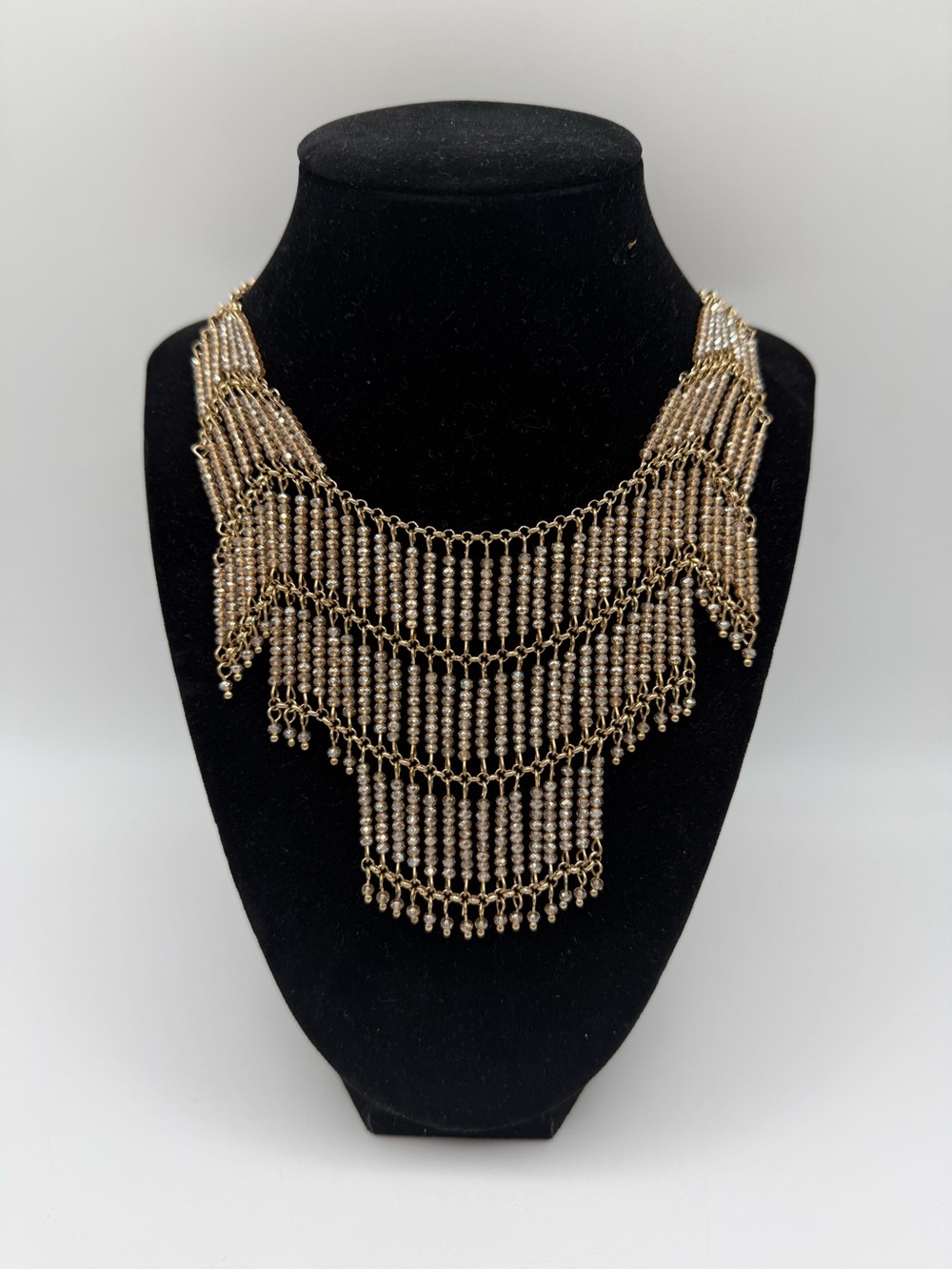 Natasha Champagne Crystal Beaded Necklace Gold Tone Boho 20”